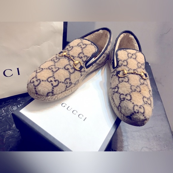 Mens Gucci Fria Horsebit GG Logo Wool Loafers Espadrilles in Cream - Picture 2 of 6